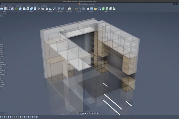 Modelo 3D en Fusion 360 de un dormitorio a medida, mostrando la organización de volúmenes, armarios, cama y recorridos antes de fabricar