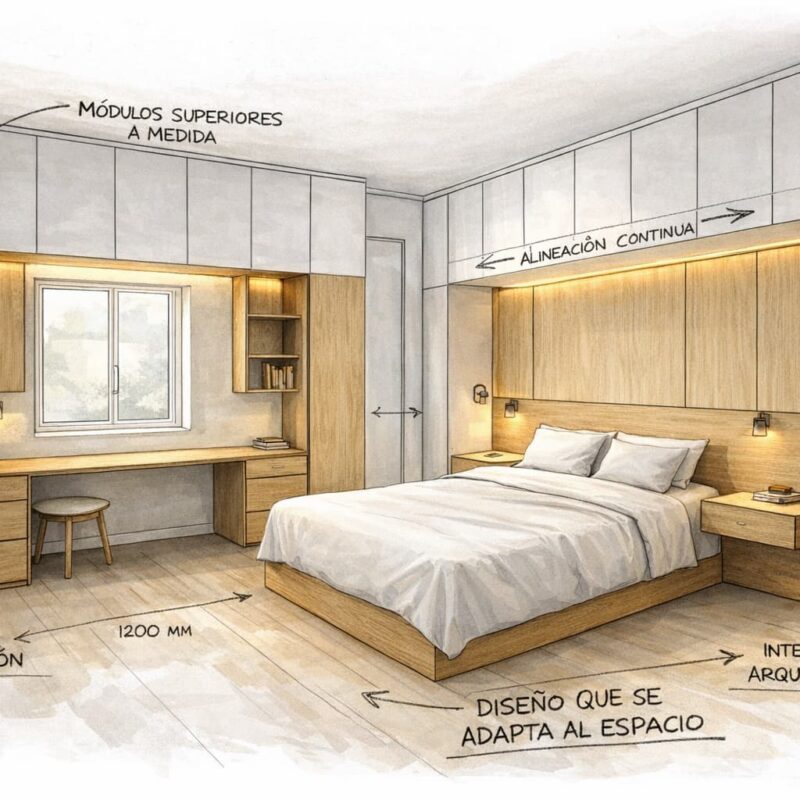 Dormitorio compacto diseñado a medida con armarios superiores integrados, escritorio y cama, optimizando el espacio con criterios arquitectónicos