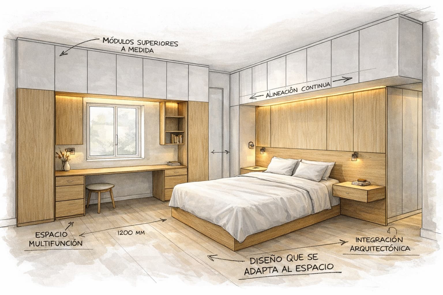 Dormitorio compacto diseñado a medida con armarios superiores integrados, escritorio y cama, optimizando el espacio con criterios arquitectónicos